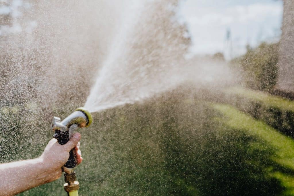 Person watering lawn with garden hose